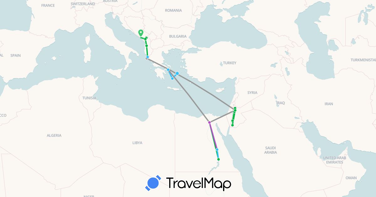 TravelMap itinerary: driving, bus, plane, train, boat in Albania, Egypt, Greece, Jordan, Montenegro (Africa, Asia, Europe)